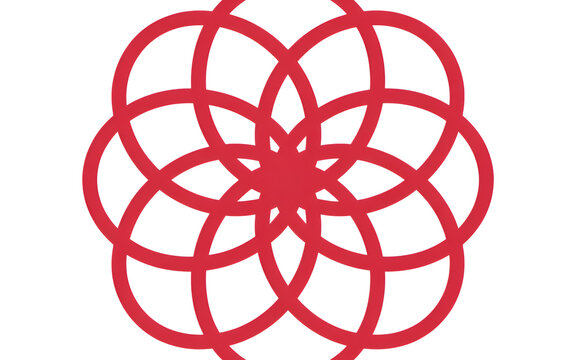 Geometric red floral pattern on a clean white background creating a symmetrical mandala concept