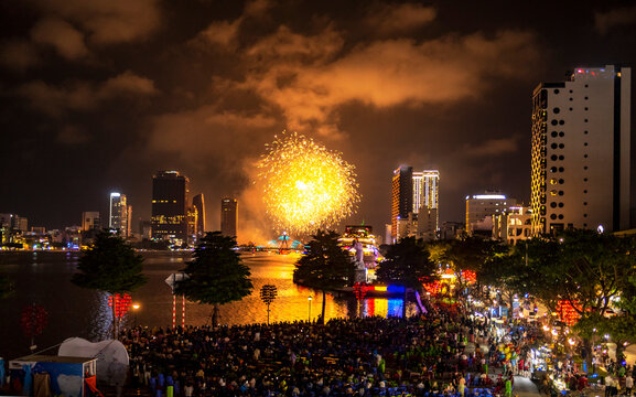 Large crowds enjoy a Firework display, in Da Nang,Vietnam.