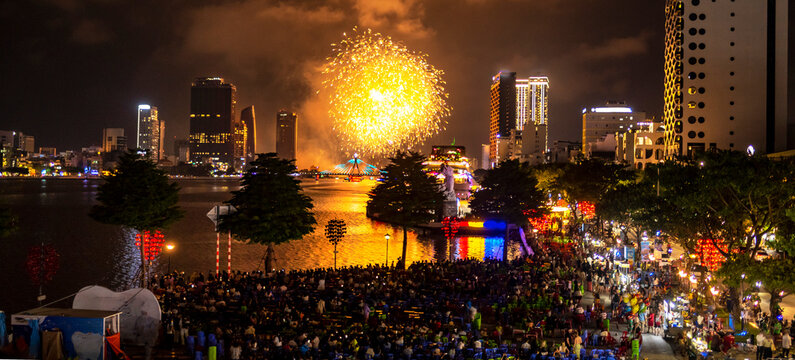 Large crowds enjoy a Firework display, in Da Nang,Vietnam.