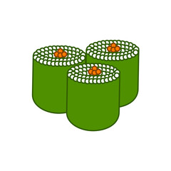 Graphic illustration of three gunkan maki sushi rolls with salmon roe toppings, wrapped in seaweed. Transparent PNG Illustration © OktaChan