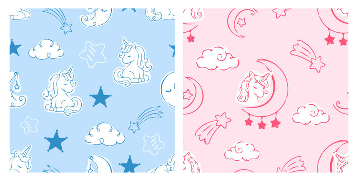Cute unicorn seamless pattern collection with moon, clouds, stars and shooting stars in pastel blue and pink backgrounds, magical nursery fantasy illustration for kids fabric.