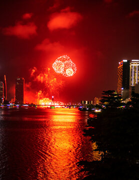 Firework display,seen from Dragon Bridge in Da Nang,Vietnam.