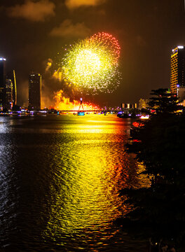 Firework display,seen from Dragon Bridge in Da Nang,Vietnam.