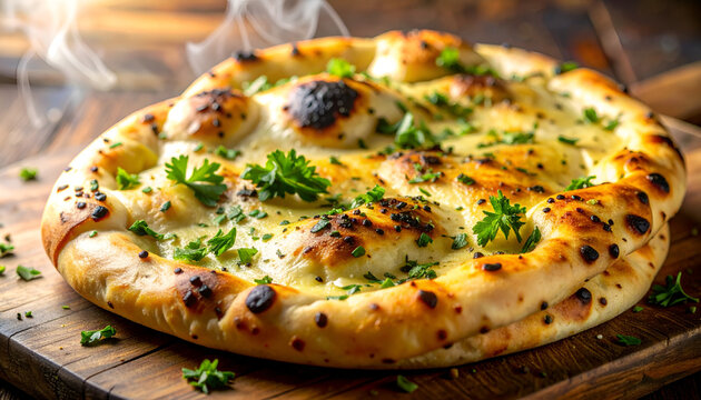 Deliciously Baked Garlic Naan Bread with Fresh Parsley Garnish.