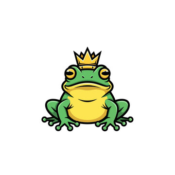 Cute cartoon frog wearing a golden crown, symbolizing royalty and a fairy tale prince, isolated on white background.