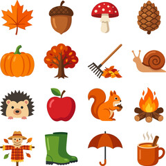 Autumn icons collection with leaves acorn mushroom and forest animals on white background © NurA