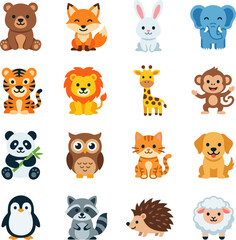 Obraz premium Collection of cute cartoon animals for kids and children educational purposes fun wildlife illustrations