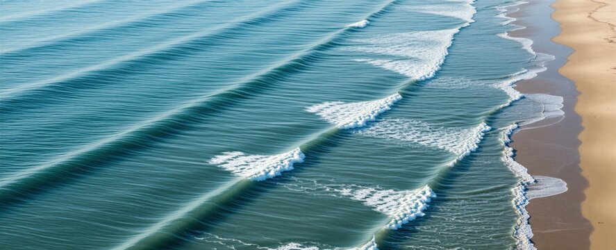 Aerial view of parallel ocean waves with white foam crests rolling onto a sandy beach shoreline. Gentle blue water motion creates a soothing natural background texture.