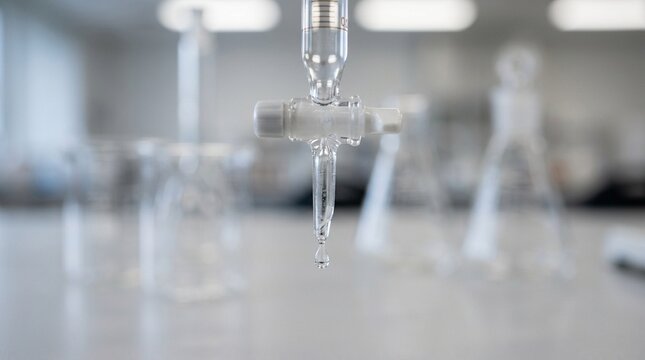 Titration equipment glass burette close-up clinical liquid drop macro detail - Industrial Food Production Stock Photo