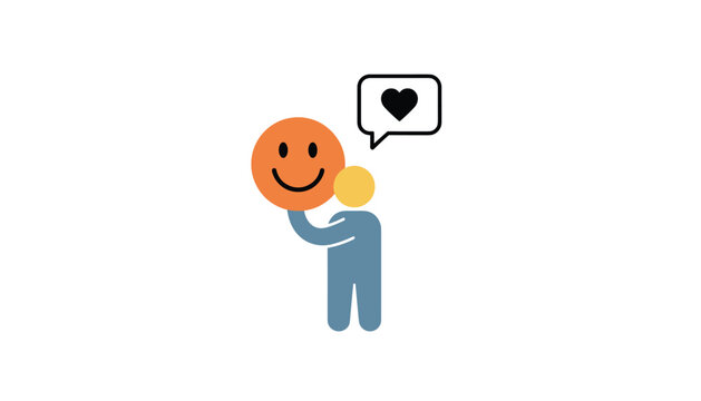Person holding an orange smiling face mask in front of their head with a black heart speech bubble overhead.