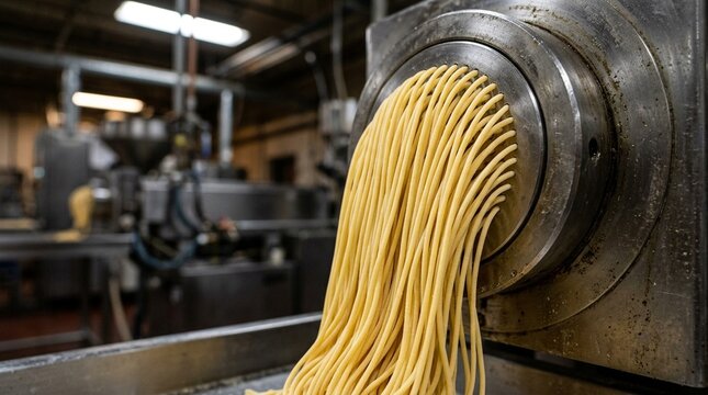 Pasta extrusion machine close-up fresh pasta strands emerging macro detail - Industrial Food Production Stock Photo