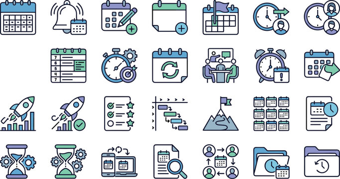 Corporate business management vector line icon set with project scheduling calendars, workflow timing clocks, rocket launch statistics, and meeting management graphics