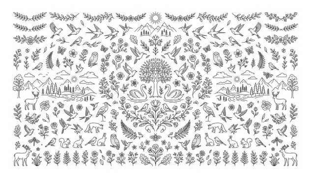 Comprehensive collection of hand drawn nature and wildlife illustrations with line art forest animals elements set wildlife mountains landscapes botanical illustration collection woodland