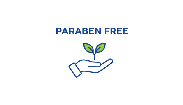 Green sprout on a hand outline icon accompanied by bold blue text reading paraben free, indicating organic beauty.