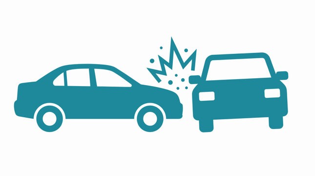 A simple blue infographic icon showing a two car collision on a plain white background.