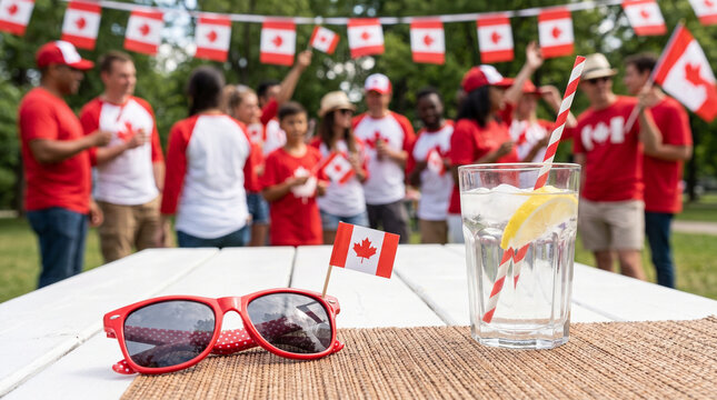 Canada Day celebration with red sunglasses and flags, diverse crowd at outdoor summer party, Canadian national holiday event in a park