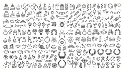 Comprehensive celebration and party event vector icon set with celebration birthday anniversary festival collection decoration confetti firework champagne greeting carnival invitation © Designer Pac 2