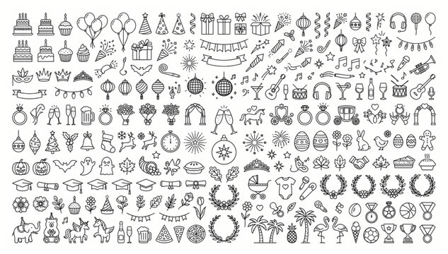 Comprehensive celebration and party event vector icon set with celebration birthday anniversary festival collection decoration confetti firework champagne greeting carnival invitation