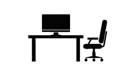 Fototapeta premium Vector illustration of silhouette of a computer desk with an office chair on a transparent background
