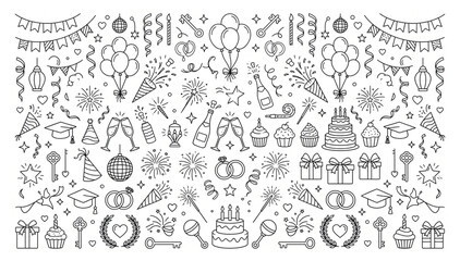 Collection of festive party celebration doodles and icons vector with celebration birthday anniversary greeting decoration balloons confetti fireworks champagne graduation surprise © Designer Pac 2