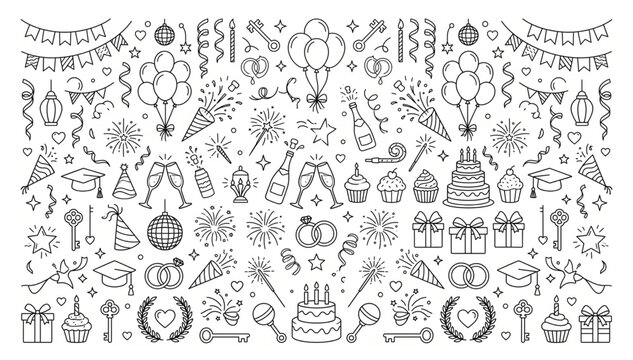 Collection of festive party celebration doodles and icons vector with celebration birthday anniversary greeting decoration balloons confetti fireworks champagne graduation surprise