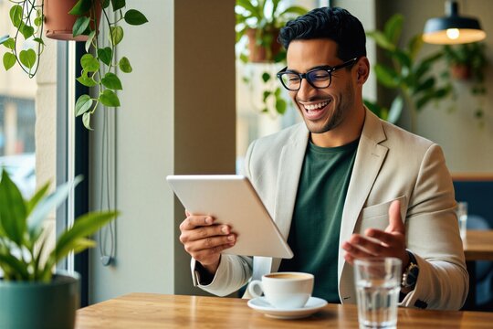 Man wearing glasses smiles looking at tablet in cafe. He wears a suit jacket and sits at table with coffee. He gestures with hand while reading e-mail on device.