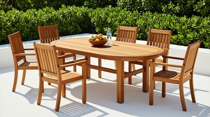 Obraz premium Teak outdoor dining table and chairs set. Oval wood table with fruit bowl and chairs arranged on white patio. Rich green hedge backdrop provides natural setting.