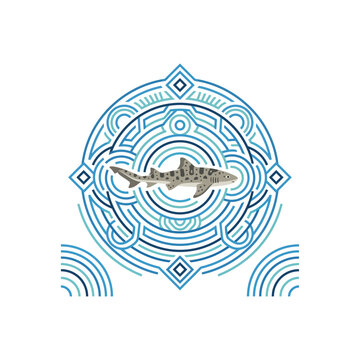 Leopard Shark Swimming Through Intricate Blue Geometric Circular Pattern Illustration