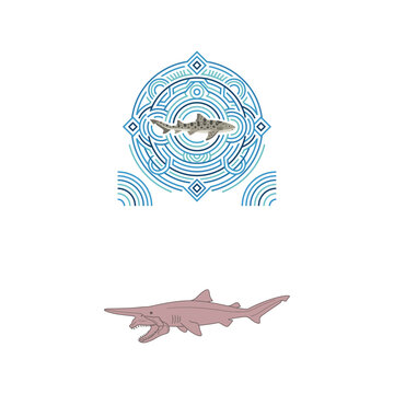 Intricate Geometric Shark Mandala and Minimalist Deep Sea Goblin Shark Illustration
