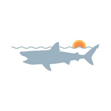 Minimalist Great White Shark Swimming in the Ocean Beneath a Golden Sunset Icon