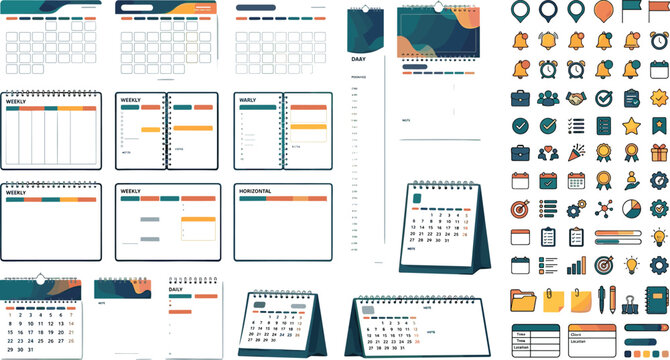 Corporate business planner template kit with desk calendars, weekly schedules, notebooks, and interface organization icons for company productivity marketing layouts
