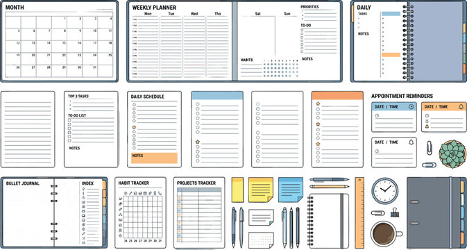 Corporate planner and productivity tracker vector template set with monthly calendar, weekly schedule, bullet journal pages, and business stationery elements