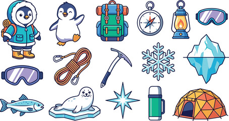 Cute arctic expedition sticker set featuring cartoon penguins seal backpack iceberg tent and winter mountaineering gear vector illustrations for kids adventure merchandise layouts © AdhinChandra