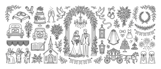 Obraz premium Hand drawn wedding ceremony elements and decorations vector set with marriage ceremony anniversary carriage charming musician celebration invitation partnership together happiness