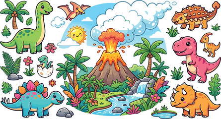 Cute cartoon dinosaur vector sticker set featuring baby T-Rex, Brachiosaurus, Triceratops, and erupting volcano for children pattern and wallpaper design © AdhinChandra