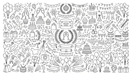 Obraz premium Set of hand drawn party and celebration doodles vector illustration with celebration birthday decoration anniversary balloons confetti champagne fireworks graduation invitation gathering
