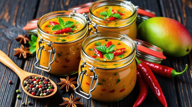 Three glass jars hold spicy mango chutney with chili and mint garnish. Fresh mango, red chilies, peppercorns, and star anise are nearby. Homemade condiment prepared on dark wood.