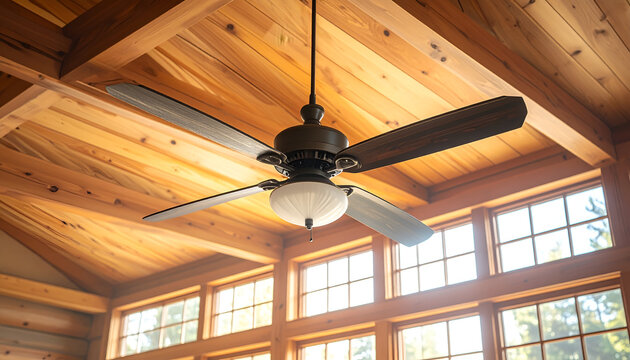 Rustic Ceiling Fan with Wood Beams and Large Windows.