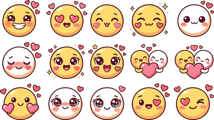 Fototapeta premium Cute kawaii emoji sticker collection featuring happy yellow faces and white cartoon characters with pink hearts for romantic social media sticker design