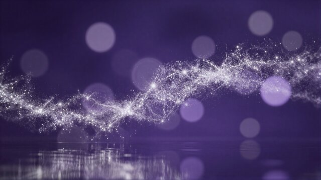 Whispering light trails dance on water, reflecting stars against a dreamy purple backdrop.