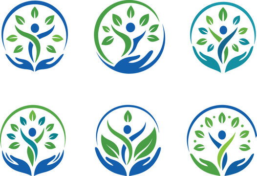 Collection of six colorful wellness logos featuring human figures, green leaves,