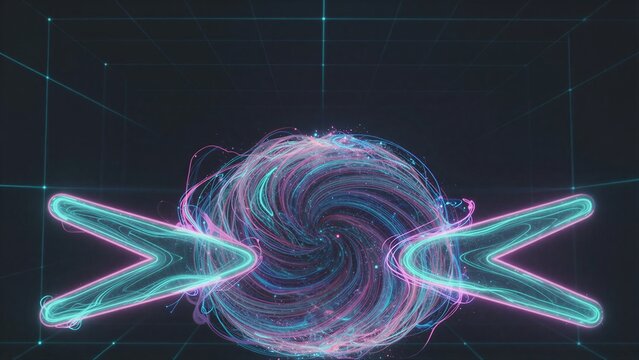 Neon arrows frame a swirling cosmic vortex on dark grid background.