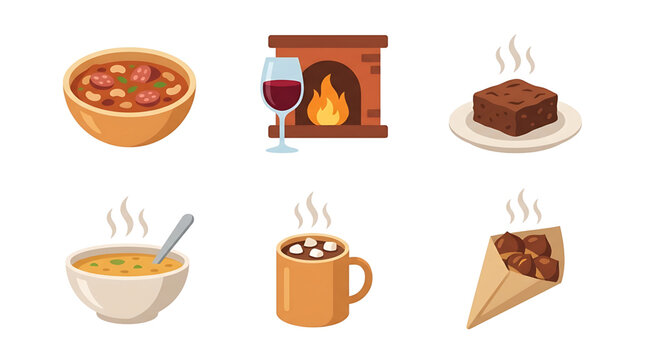 Cozy Winter Food and Drink Icons Featuring Soup, Wine, Brownie, Hot Chocolate, and Chestnuts