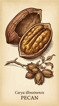 Pecan Elongated Shell Cracked Lengthwise Vector Illustration