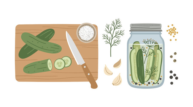 minimal flat vector illustration of homemade pickle preparation featuring cucumbers, knife, cutting board, sliced cucumbers, mason jar, herbs, and seasoning ingredients, Scandinavian-inspired flat vec