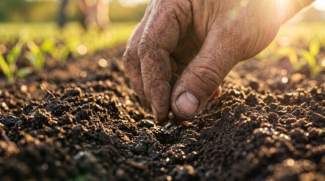 shows a close-up of a farmer's weathered, dirt-stained hand carefully planting a single small seed into a shallow furrow in dark, rich soil. 