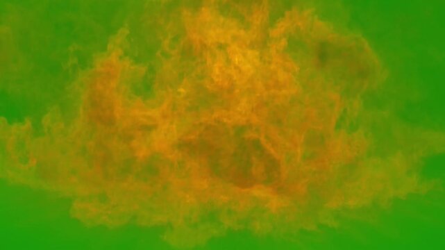 Large orange fire explosion isolated on green screen background flame burning