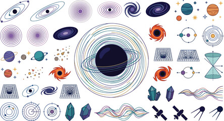 Deep space astronomy vector elements set featuring black hole gravity ring surrounded by solar system planet icons for astrophysics science education presentation design © AdhinChandra