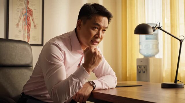 Asian male doctor explaining medical topic in office with anatomy chart and desk lamp