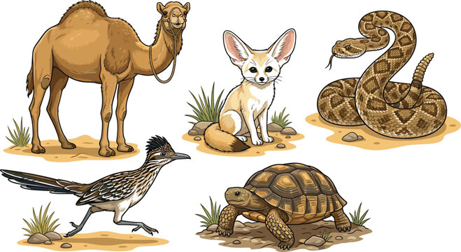Desert animals vector illustration set featuring dromedary camel, fennec fox, rattlesnake, roadrunner, and desert tortoise for children educational biology design